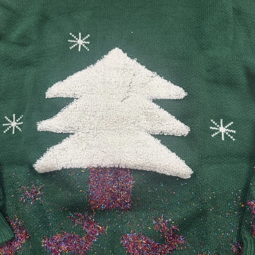 Christmas Tree Reindeer Sweater Green Sparkling Winter Scene Holiday Knit_9